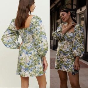 Reformation Floral Mini Dress in Green and Blue